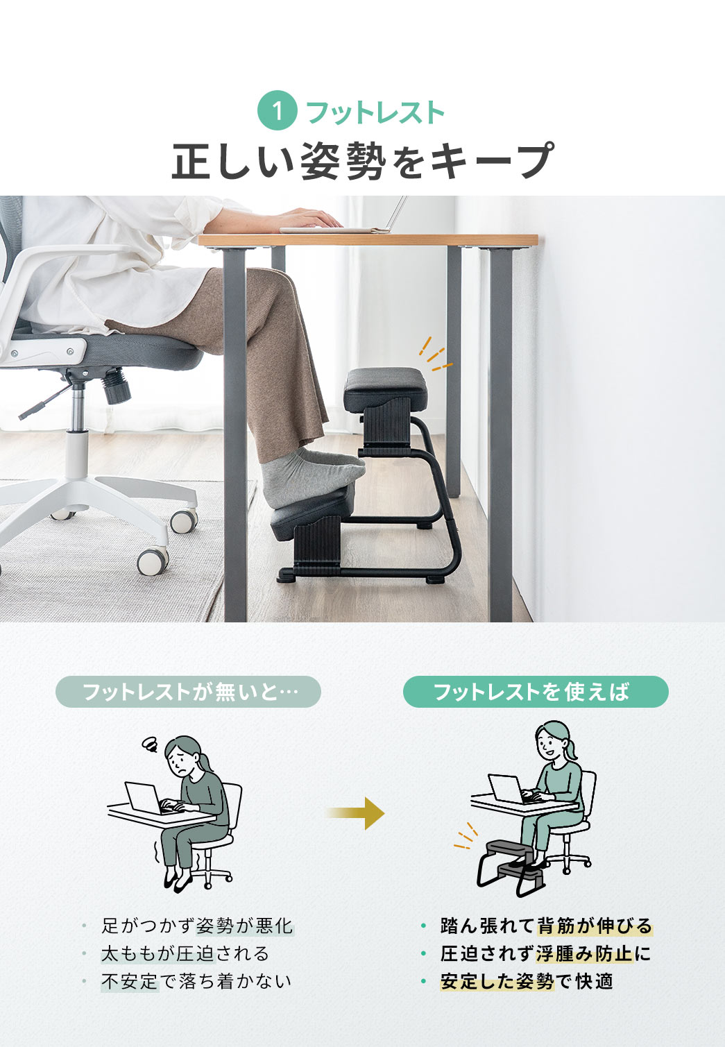 正しい姿勢をキープできるフットレスト。フットレストを使えば、踏ん張れて背筋が伸び、太ももが圧迫されず浮腫み防止になり、安定した姿勢をキープできます。