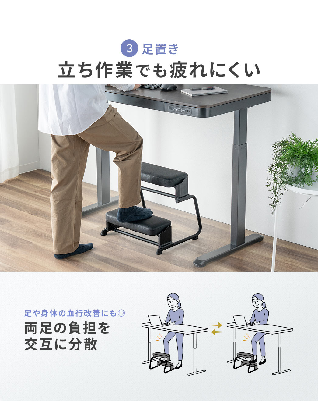 立ち仕事でも疲れにくい足置き。両足の負担を交互に分散できるので足や身体の血行改善にもぴったり。
