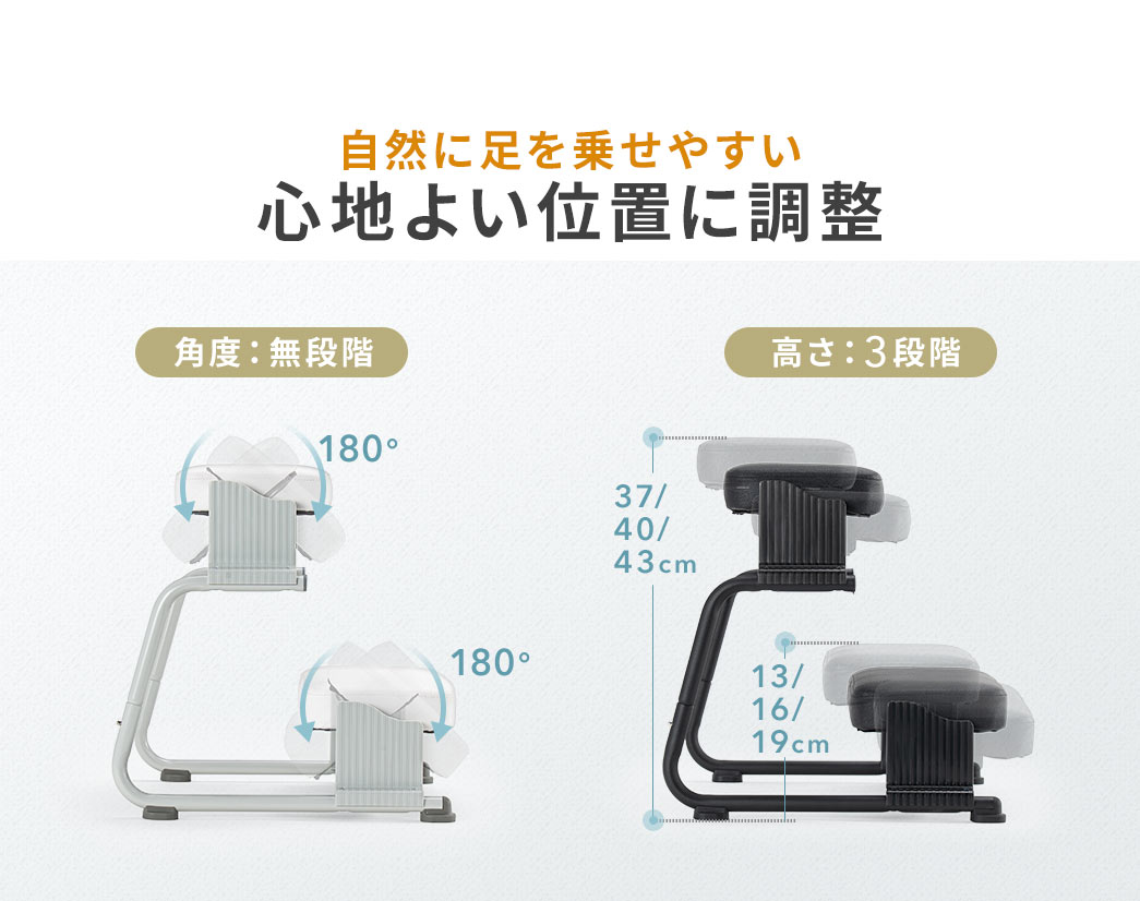 角度は無段階、高さは3段階で調整できるので自然に足を乗せやすい心地よい位置に調整できます。