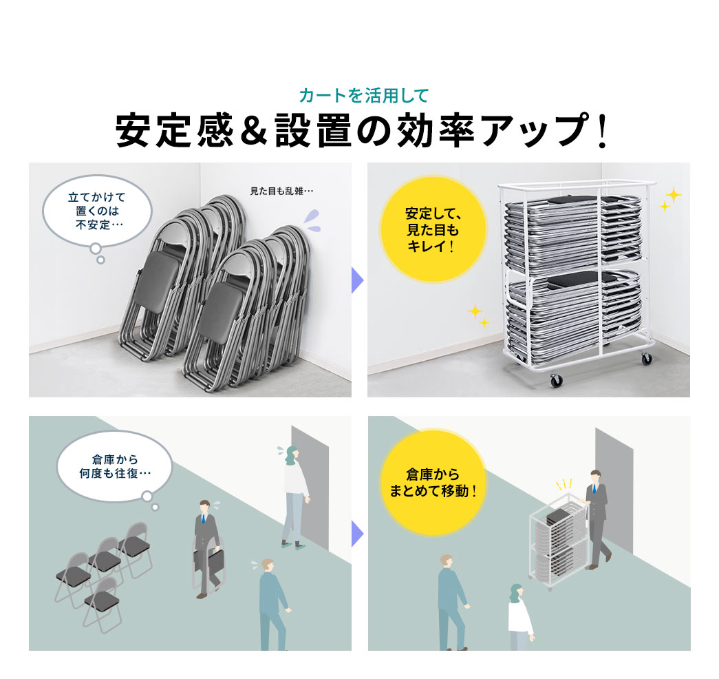 カートを活用して安定感＆設置の効率アップ！ 安定して、見た目もキレイで倉庫からまとめて移動することができます！