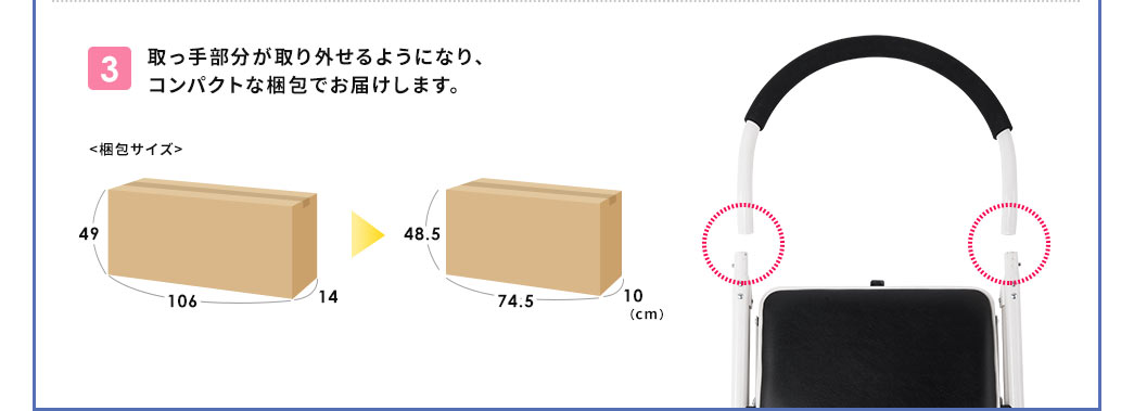 取っ手部部が取り外せるようになり、コンパクトな梱包でお届けします