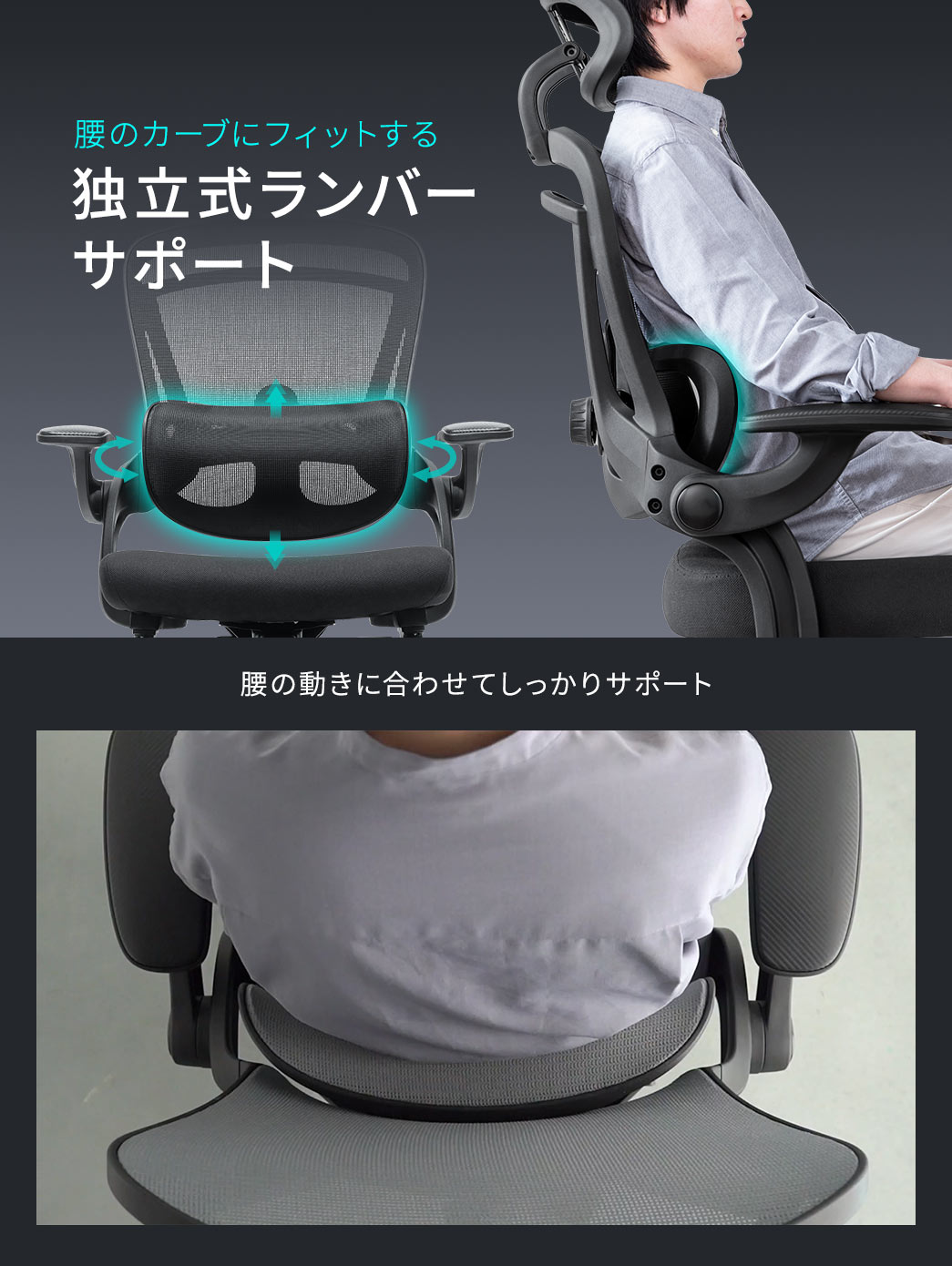 腰のカーブにフィットする独立式ランバーサポート