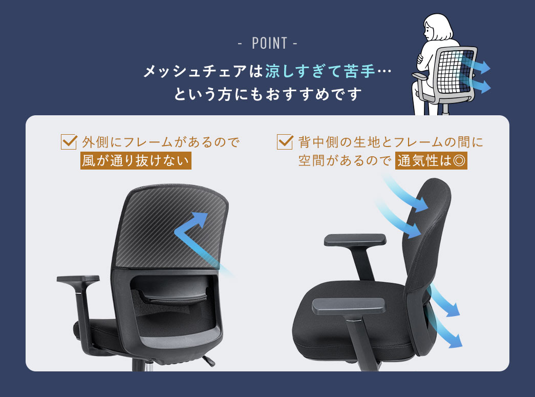 外側にフレームがあるので風が通り抜けず、背中側の生地とフレームの間に空間があるので通気性は高いので、メッシュチェアは涼しすぎて苦手… という方にもおすすめです