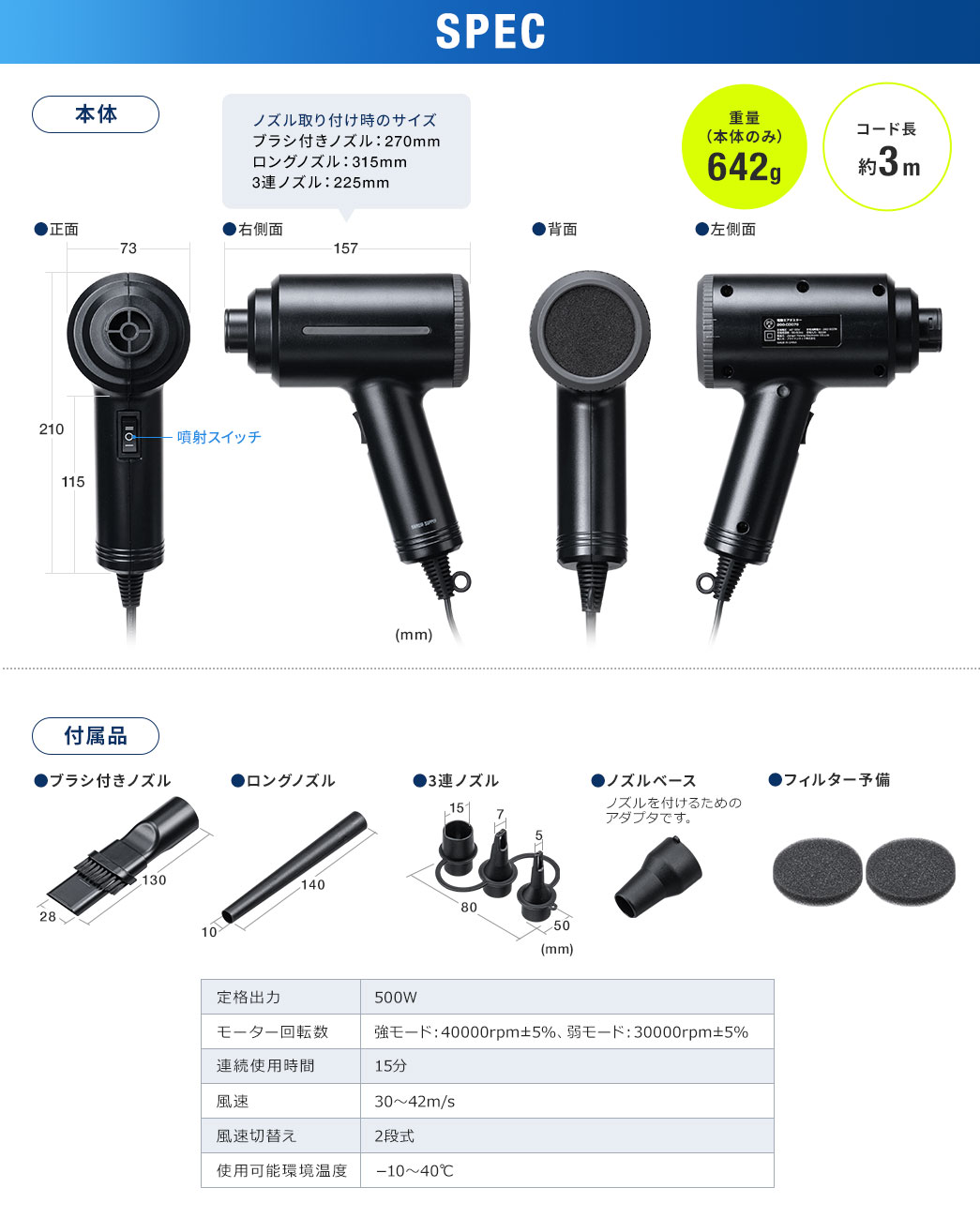 SPEC 重量（本体のみ）642g コード長約3m