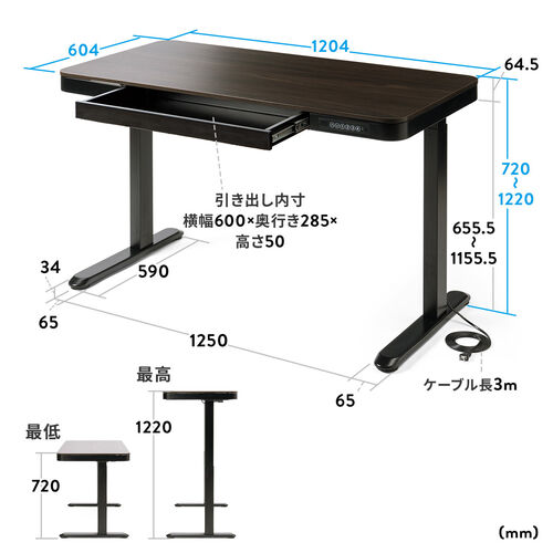 電動昇降デスク 引き出し付き 幅120cm 奥行60cm メモリー機能付き 充電機能付き