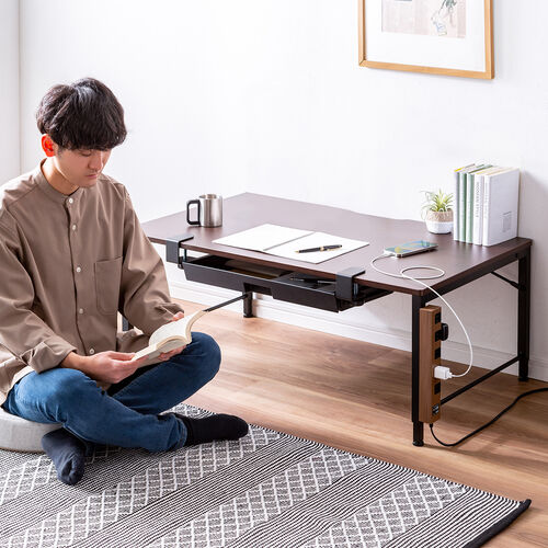 ローデスク ローテーブル 高さ調整 5段階調整 幅100cm 奥行60cm タップ受け パソコンデスク パソコンテーブル ゲーミング ブラウン