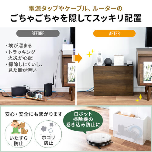 ルーター収納ボックス・目隠しボックス・ケーブルボックス コンセント付き 木製 スリム 壁面収納 電話台 幅50cm ホワイト