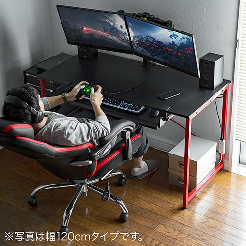 【在庫限り】ゲーミングデスク 幅100cm 奥行60cm カーボン調天板 レッドフレーム
