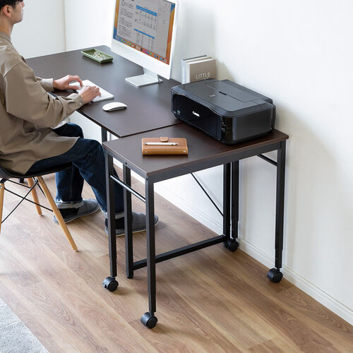 キャスター付きサブデスク 脇机 パソコンデスク 作業台 高さ調節可能  幅70cm 奥行35cm 高さ64cm/70cm ブラウン