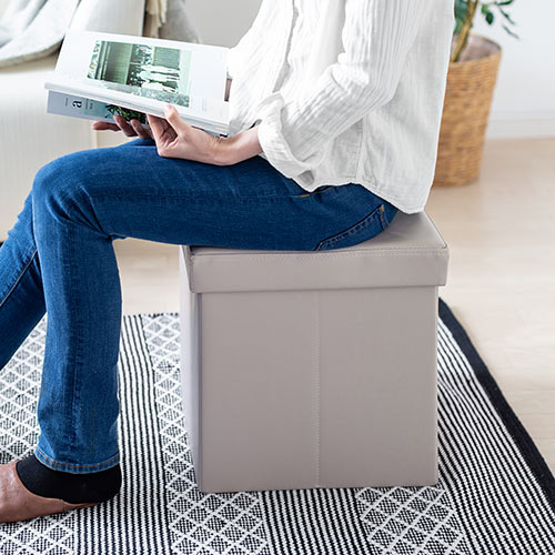 折りたたみ収納スツール PUレザー 幅38cm 耐荷重100kg グレージュ