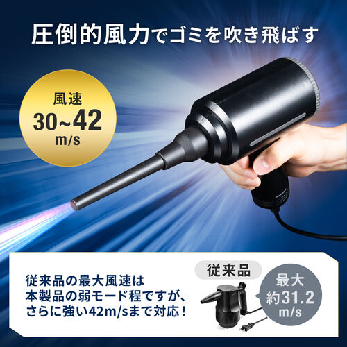 電動エアダスター AC電源 ケーブル長3m ブロワー 2段階風速調整 ガス不使用 ノズル付き クリーナー 強力