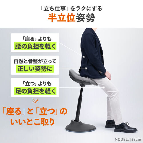立ち仕事が楽になる ハイスツール 座面可動 高さ調整 ブラック