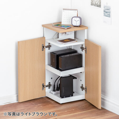 ルーター収納ボックス 縦型 コーナー設置 コンセント付き ケーブルボックス 電話台 FAX台 木製 スリム 壁面収納 幅26cm ダークブラウン