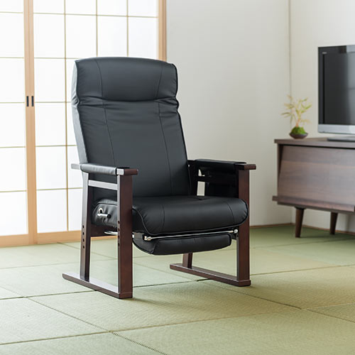 【寝られる椅子】 リクライニング高座椅子 オットマン内蔵 PUレザー生地 レバー式リクライニング サイドポケット付き ブラック