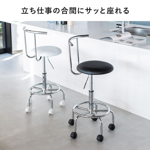 2WAYキッチンチェア PUレザー ナイロンキャスター アジャスター両対応 回転椅子 ブラック