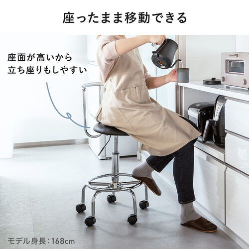 2WAYキッチンチェア PUレザー ナイロンキャスター アジャスター両対応 回転椅子 ブラック
