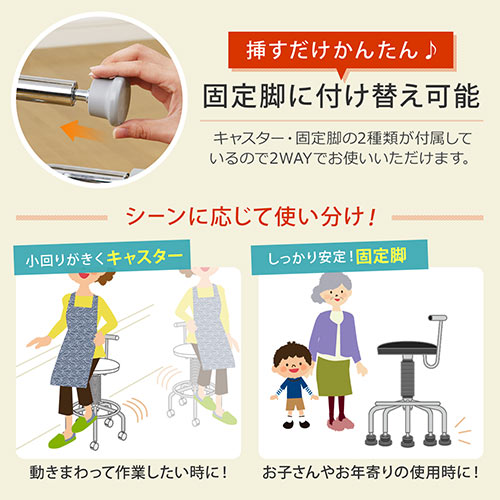 【組立簡単】キッチンチェア PVCレザー生地 キャスター 固定脚 足置きリング付き ホワイト
