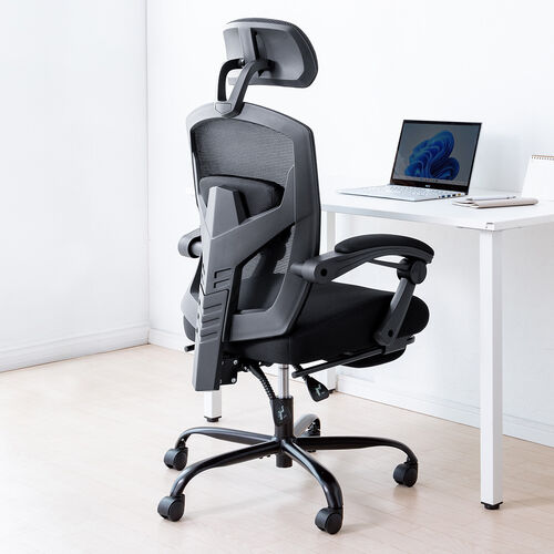 オットマン内蔵 ワークチェア ヘッドレスト ランバーサポートつき 120°リクライニング