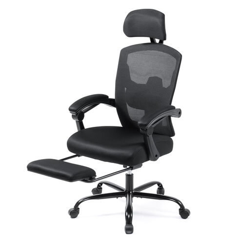 オットマン内蔵 ワークチェア ヘッドレスト ランバーサポートつき 120°リクライニング