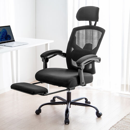 オットマン内蔵 ワークチェア ヘッドレスト ランバーサポートつき 120°リクライニング