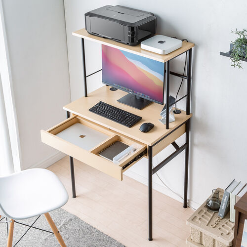 【アウトレット】パソコンデスク PCデスク 幅75cm 引き出し付き キーボードスライダー コンパクト モニターアーム対応 配線口 丸フレーム