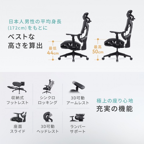【アウトレット】メッシュチェア シンクロロッキング 3Dアームレスト ハイバック 座面メッシュ オットマン 3Dヘッドレスト ランバーサポート ハンガー付き