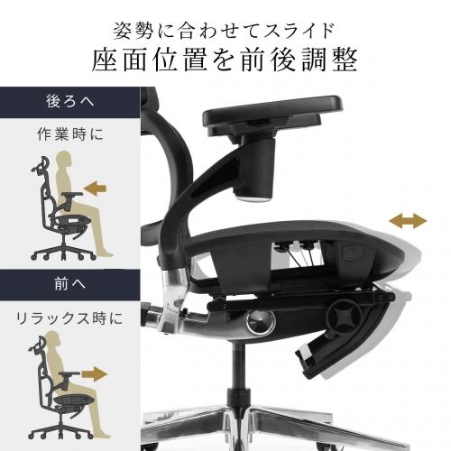 多機能ワークチェア オットマン内蔵 座面スライド ランバーサポート ヘッドレスト付き 4Dアームレスト ブラック