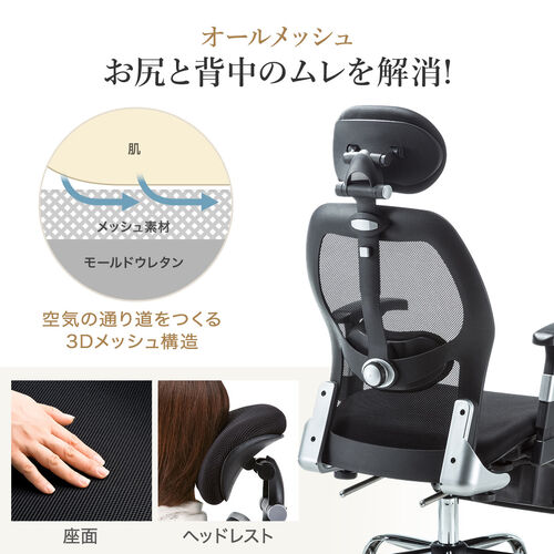 【在庫限り】多機能ワークチェア オットマン内蔵 ハイバック シンクロロッキング アームレスト付き ブラック