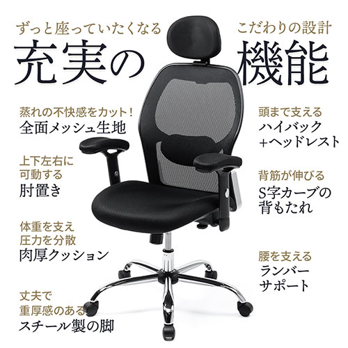 【在庫限り】メッシュチェア ハイバック 背座一体ロッキング 可動式アームレスト ヘッドレスト ランバーサポート 肉厚クッション