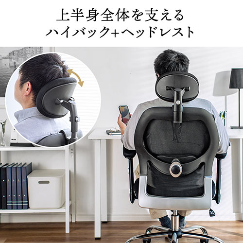 【在庫限り】メッシュチェア ハイバック 背座一体ロッキング 可動式アームレスト ヘッドレスト ランバーサポート 肉厚クッション
