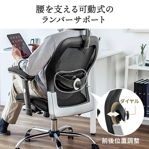 【在庫限り】メッシュチェア ハイバック 背座一体ロッキング 可動式アームレスト ヘッドレスト ランバーサポート 肉厚クッション