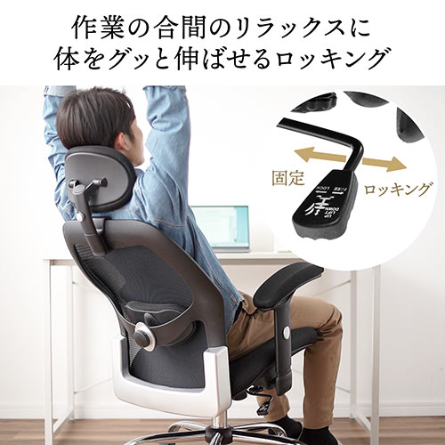【在庫限り】メッシュチェア ハイバック 背座一体ロッキング 可動式アームレスト ヘッドレスト ランバーサポート 肉厚クッション