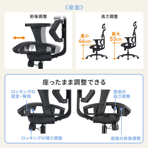 メッシュチェア スリム背もたれ 耐荷重約125kg シンクロロッキング 3段階ロッキング固定 ランバーサポート スライド式座面 3Dアームレスト ヘッドレスト