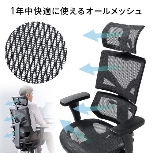 ワークチェア メッシュ背もたれ シンクロロッキング 3段階ロッキング固定 ランバーサポート スライド式座面 3Dアームレスト ヘッドレスト