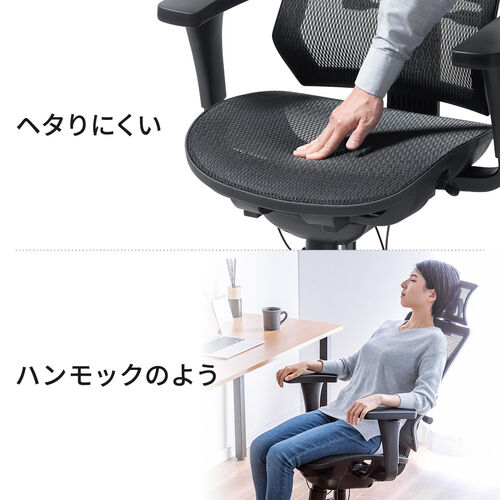 ワークチェア メッシュ背もたれ シンクロロッキング 3段階ロッキング固定 ランバーサポート スライド式座面 3Dアームレスト ヘッドレスト