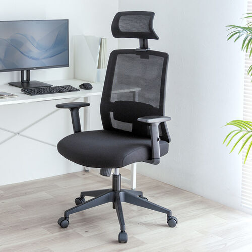 メッシュチェア ミドルバック シンクロロッキング アームレスト 可動ヘッドレスト ブラック