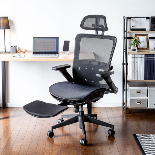 【アウトレット】メッシュチェア(オットマン付き・シンクロロッキング・ロッキング固定・跳ね上げアームレスト・4D・ランバーサポート)【組立サービス対象品】