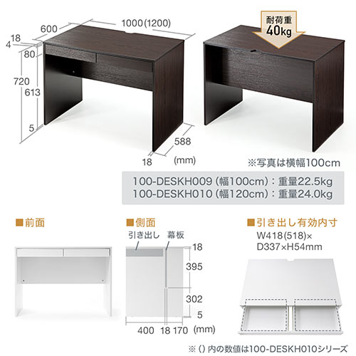 引き出し付きデスク 幅120cm 奥行60cm 高さ72cm ブラウン