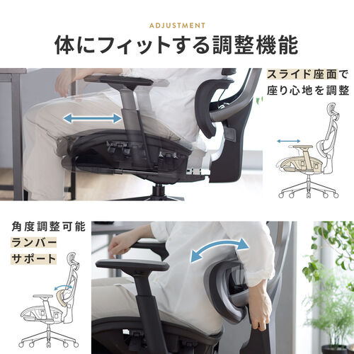 ワークチェア オットマン内蔵 シンクロロッキング ハイバック アームレスト 座面スライド 上下可動ヘッドレスト ランバーサポート