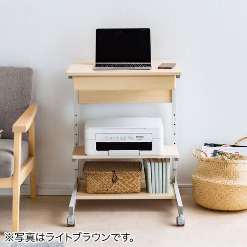 パソコンラック 幅55cm 引き出し付き ゴムキャスターつき 木目調 ブラウン
