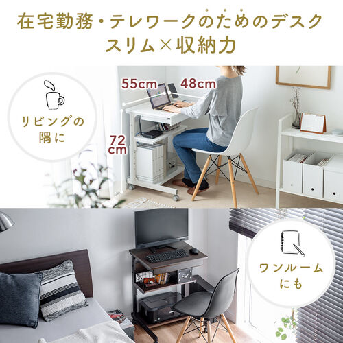 パソコンラック 幅55cm 引き出し付き ゴムキャスターつき ホワイト