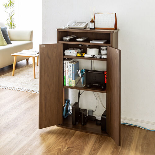 ルーター収納ボックス 目隠しボックス ケーブルボックス コード収納 木製 扉付き 電話台 幅48cm ダークブラウン