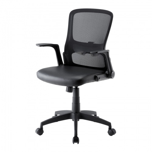 メッシュチェア はね上げ式アームレスト 高さ調節可能ランバーサポート付 座面ビニールレザー ブラック
