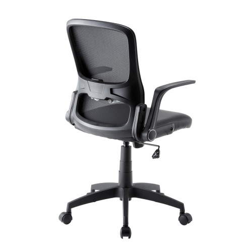 メッシュチェア はね上げ式アームレスト 高さ調節可能ランバーサポート付 座面ビニールレザー ブラック