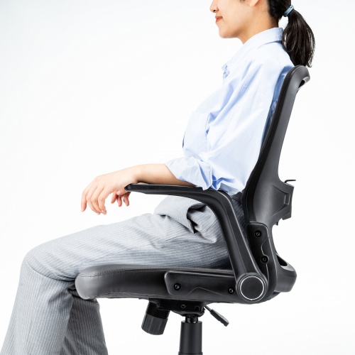 メッシュチェア はね上げ式アームレスト 高さ調節可能ランバーサポート付 座面ビニールレザー ブラック