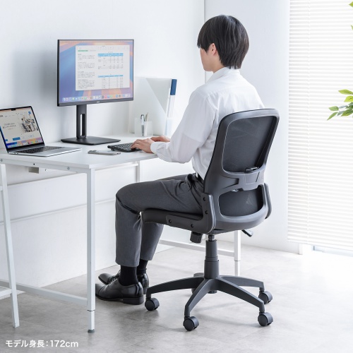 メッシュチェア ビニールレザー座面 背座一体型ロッキング キャスター付き ブラック