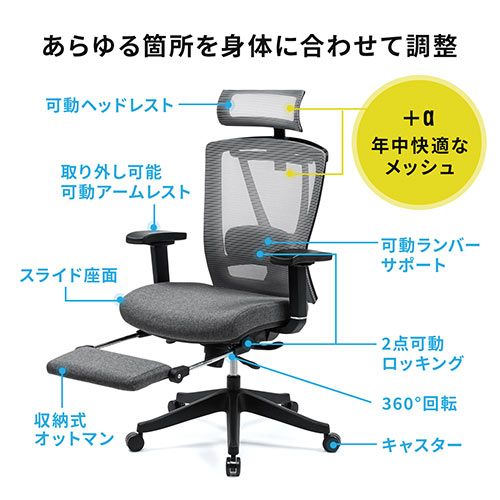 【在庫限り】ワークチェア オットマン内蔵 ハイバック ロッキング ランバーサポート ヘッドレストつき グレー