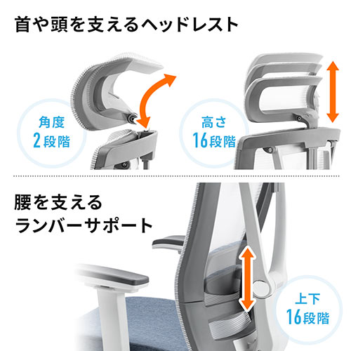 メッシュチェア オットマン内蔵 ハイバック ロッキング ランバーサポート ヘッドレストつき グレー