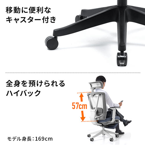 【在庫限り】ワークチェア オットマン内蔵 ハイバック ロッキング ランバーサポート ヘッドレストつき グレー