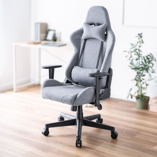 【12/26 16時まで特価】前傾チルト付き ゲーミングチェア ファブリック生地  170°リクライニング アームレスト ヘッドレスト ランバーサポートつき グレー